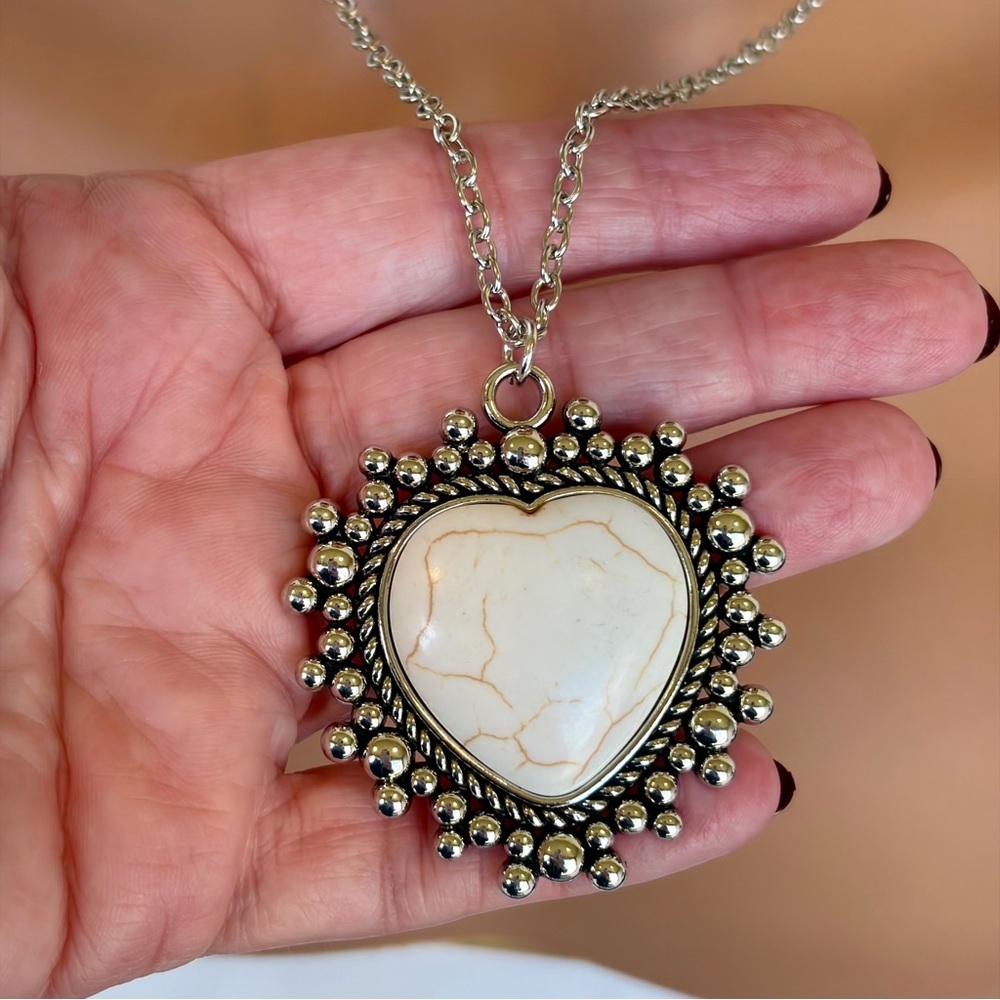 Romantic Heart Pendant Necklace with White Stone and Silver Beaded Frame